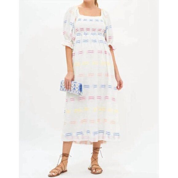 OLIPHANT Smocked Square Neck Midi Dress in White Santiago - Picture 1 of 8